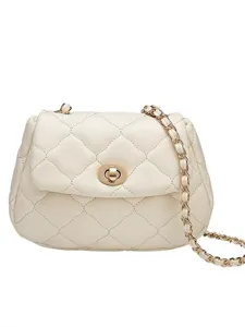 White quilted shoulder bag for women, chic PU leather cloud bag with gold chain and lock.