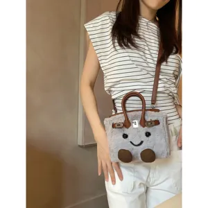 Cute cartoon smile plush crossbody bag for women autumn winter fluffy shoulder handbag