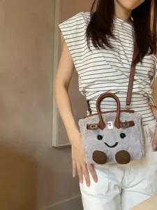 Cute cartoon smile plush handbag casual crossbody bag soft autumn winter shoulder bag for women