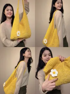 Sac Cabas Tissé en Tricot Floral Évidé Décontracté pour Femmes Grande Kapazität Style Rilassato Sac à Bandoulière