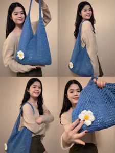 Sac cabas au crochet bleu pour femme, sac porté épaule en tricot décontracté avec fleur, grand sac.