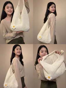 Sac cabas en tricot ajouré crochet pour femme, grand sac épaule décontracté avec fleur.