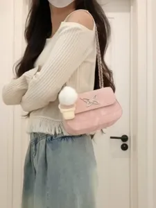 Trendy pink chain shoulder bag, stylish Y2K butterfly crossbody underarm bag for women.