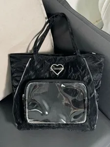 Black water ripple ita bag with transparent front pocket, large capacity shoulder tote bag.
