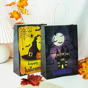 Halloween paper gift bag detail, festive design with pumpkin and castle, candy packaging.