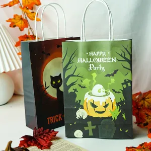 Halloween paper gift bags with handles for party favors, candy packaging and holiday decor.