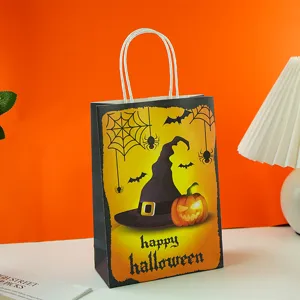 Halloween paper gift bag with handles spooky pumpkin hat design party candy packaging 1pc
