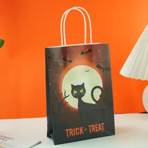 Halloween paper gift bag featuring black cat and full moon design, ideal for party candy packaging.