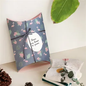 Vintage Cardboard Flower Flamingo Printed Pillow Gift Box With Satin Ribbon Heart Tags For Wedding Birthday Favor Gift Candy Treats Boxes
