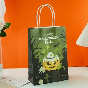 Halloween gift paper bag with scary pumpkin and ghost design, perfect for party candy packaging.