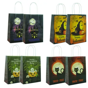 Halloween Paper Gift Bags Cartoon Pumpkin Black Cat Castle Pattern Candy Favors Packaging Treat Handled Bags Party Props