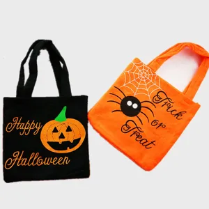 Halloween fabric treat bags set, black pumpkin and orange spider candy gift bags for kids.