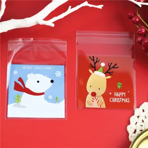 Sacchetto Regalo Autoadesivo in Plastica Trasparente Natalizia Simpatico Orso Polare Cartone Animato Alce Stampato Confezione di Caramelle Biscotti per Festa