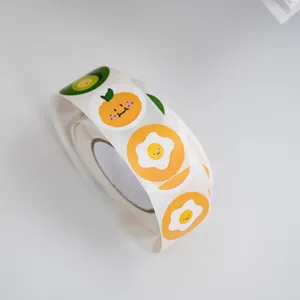 Hand-drawn cartoon round stickers detail, cute fruit and egg designs, perfect for journal DIY decor.