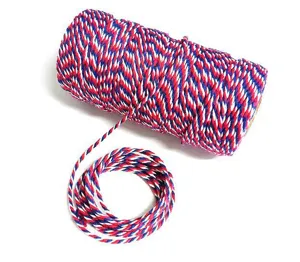 Red white and blue twisted cotton twine detailed close up view for wrapping craft rope