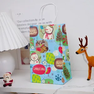 Christmas paper gift bag with cute snowman and reindeer print, perfect for holiday wrapping.