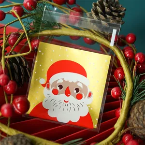 Christmas clear self-adhesive cookie candy packaging bag with cute gold Santa card detail