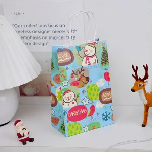 Blue Christmas Gift Paper Bag Cartoon Snowman Elk Pattern Handheld Packing Pouch Merry Christmas Festive Treat Storage Bag