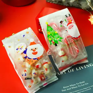 Close-up of frosted Christmas candy packaging bags with festive Santa prints, detail shot.