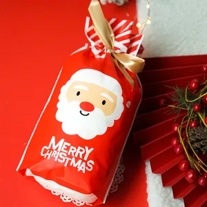 Close-up of Christmas gift bag featuring a cute Santa Claus graphic and festive red design.