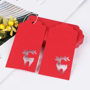 Red Christmas deer hollow paper hang tags detail closeup view, perfect for gift decoration.