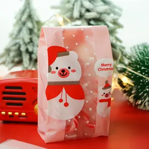 Christmas frosted pink candy packaging bag detail shot, cute bear pattern, festive holiday vibe.