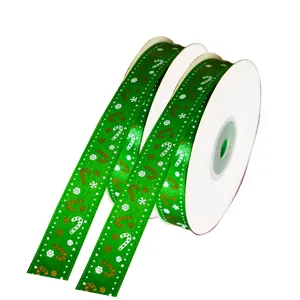 Grüne Weihnachts-Bandrollen mit goldenen Zuckerstangen- und Schneeflocken-Mustern, 1.5cm