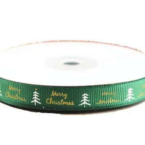 Christmas green ribbon with gold print and trees for holiday DIY bow decoration gifts 25 yards