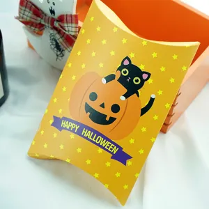 Halloween pillow gift paper box for candy packaging cute black cat and pumpkin design