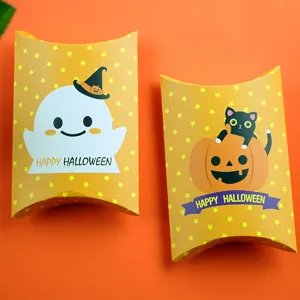 Halloween pillow gift boxes for candy, cute ghost and cat paper packaging details.