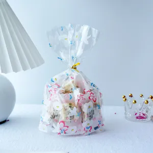 Clear plastic candy gift bag, cute floral baking packaging pouch for bakery biscuits and parties.