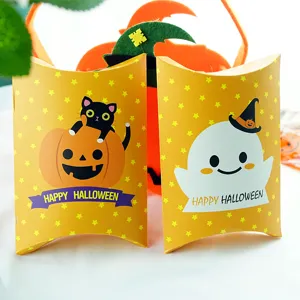 Halloween pillow paper box detail showing cute black cat ghost candy packaging design.
