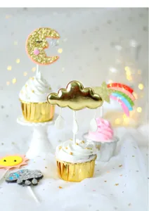 Moldes cupcake oro plata y adorables toppers nube estrella para fiesta y repostería