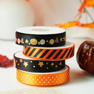 Halloween Decoratief Lint Pompoen Polka Dot Ster Gestreepte Grosgrain Linten Voor Dankzegging Herfst Oogstfeest Cadeauverpakking Knutsellint
