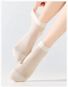 Summer breathable mesh short socks detailed view showing thin translucent texture and ribbed cuff.