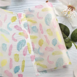 Detailed view of colorful feather pattern greaseproof baking paper and sandwich wrapping sheet.