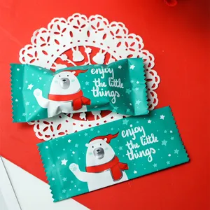 Detailed shot of Christmas style nougat candy packaging bags with cute polar bear design.