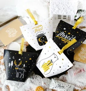 Christmas Gold Bronzing Pillow Gift Box Cute Cartoon Bear Deer Paper Candy Box Packing For Nougat Cookies Party Favors