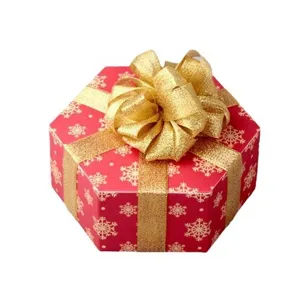 Boîte cadeau rouge hexagonale avec motif de flocon doré et nœud ruban festif élégant.
