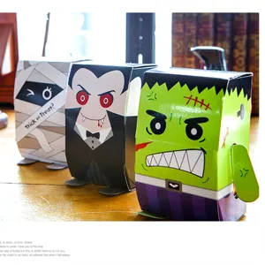 3-Pack Halloween Candy Gift Paper Boxes Standup Mummy Vampire Frankenstein Trick Treat Decor