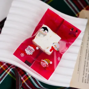 Gros plan détaillé d'un sachet d'emballage de Noël festif avec de jolies illustrations de bonbons.