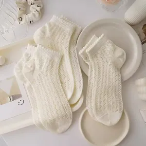White lace mesh short socks for women, breathable sweet summer boat socks with ruffles.