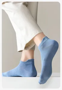 Detail view of men's summer thin solid color breathable short socks, comfortable.