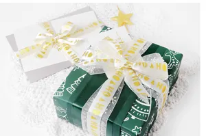 Christmas gold printed ribbon for gift wrapping, 1.5cm width decorative ribbon for boxes