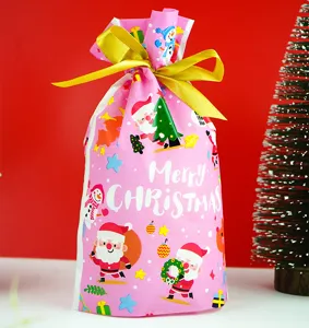 Sacs Cadeaux de Noël en Plastique Cordon Bonbons Noix Emballage Mignon Père Noël Impression Fête Sachets
