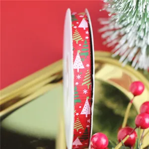 1cm Christmas tree printed ribbon red satin ribbon detail close-up for festive craft decor
