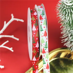 Christmas tree printed ribbon rolls, 1cm red and white satin ribbon for gift wrapping, crafts.