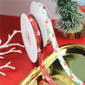 Christmas tree printed ribbon 1cm red and white satin ribbon for gift wrapping, floral bouquets