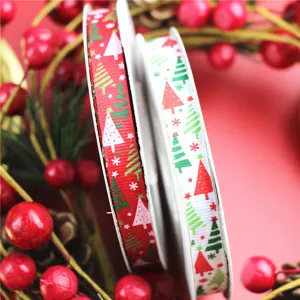 Detail view of 1cm colorful Christmas tree printed ribbon, red and white festive ribbon for decor.