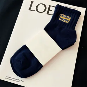 Navy blue short casual socks with embroidered happy text letter design daily wear comfortable